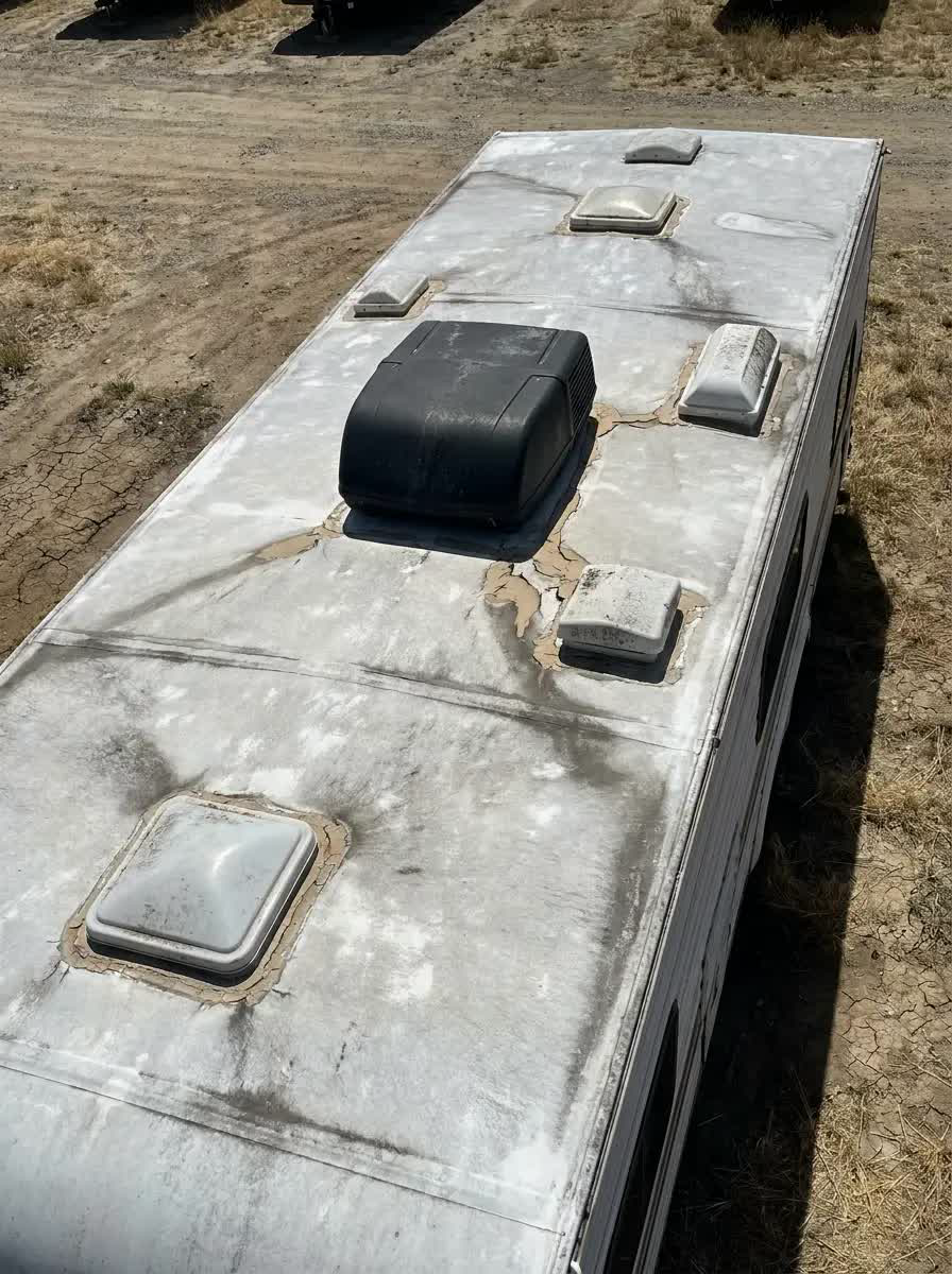 Before: aging RV roof with cracked sealant, chalking membrane, and leak paths