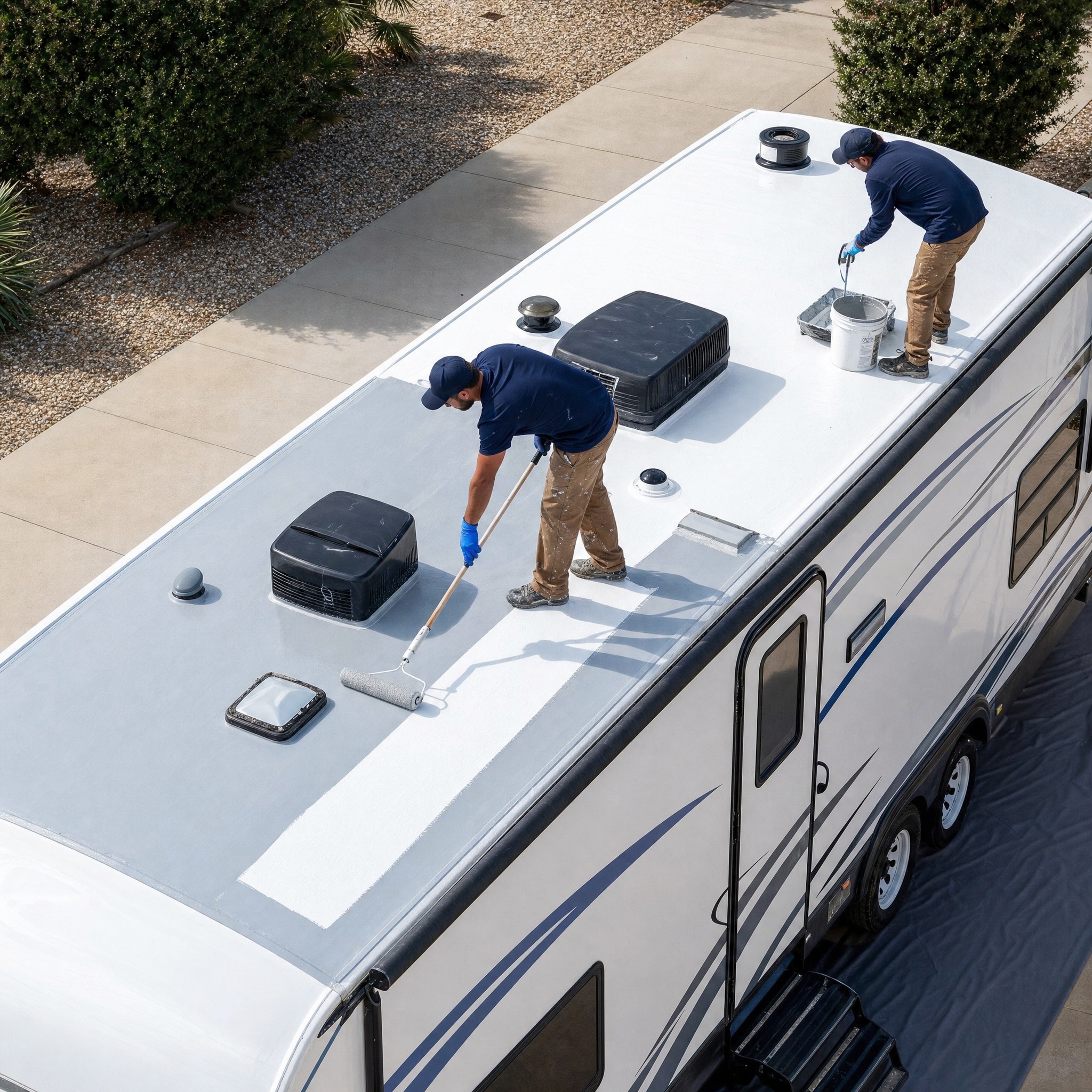RV roof with commercial-grade silicone coating finish
