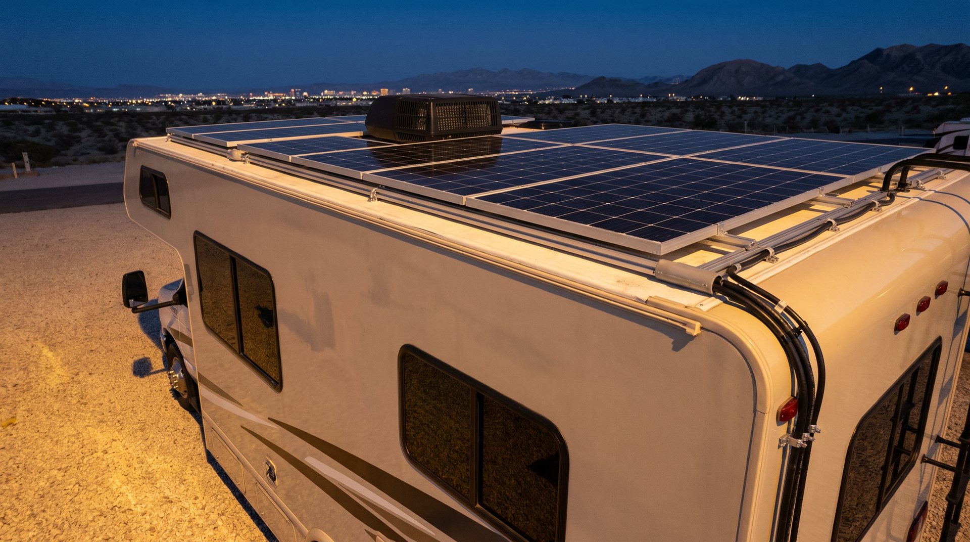 Class C RV with solar panels around roof air conditioner