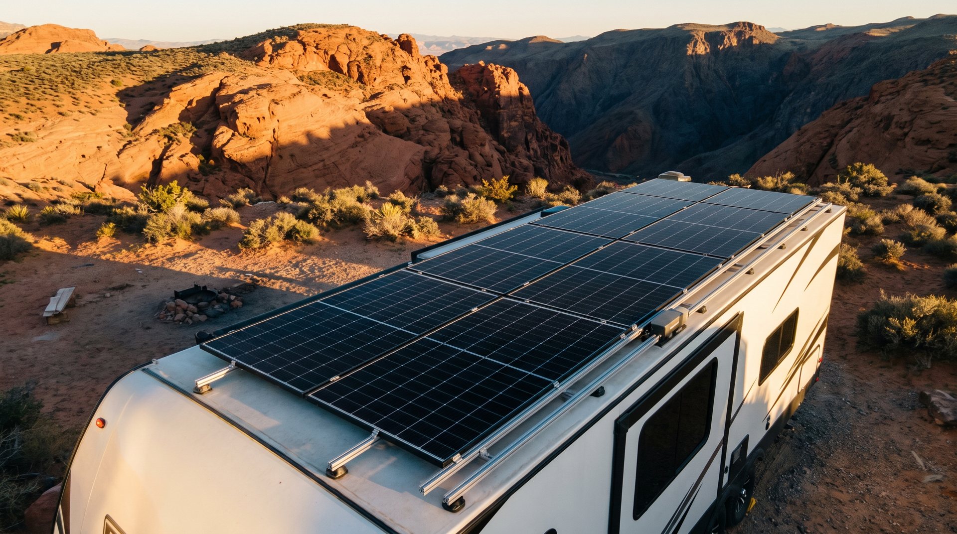 Travel trailer with rail-mounted rooftop solar array